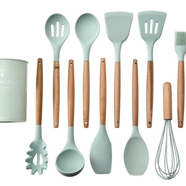 12pcs Kitchen Utensil Set High Quality Silicone Cooking Tools Set Household Wooden Handle Turner Cooking Various Kitchenware Set