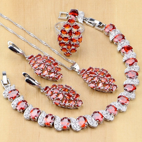 925 Sterling Silver Jewelry Red Garnet White Topaz Jewelry Sets For Wedding Earrings-Pendant-Necklace-Rings-Bracelet