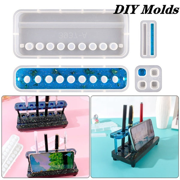 4pcs-set DIY Silicone Mould for Resin Epoxy Crystal Multifunctional Pen Holder Cell Phone Bracket Making Mold Home Desktop Storage Resin Craft Castin