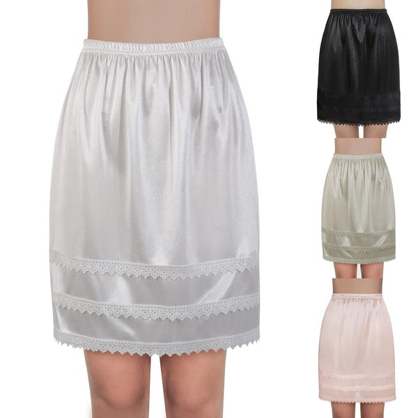 Women Half Slip, Elastic Waist Lace Patchwork Satin Mini Skirt Under Dress Slip Sleepwear