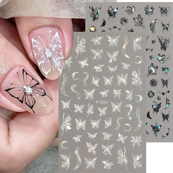 3D Black White Butterfly Nail Stickers Holographic Butterfly Foils Laser Moon Sun Stars Nail Decals Y2K Manicure Decor NLF1004