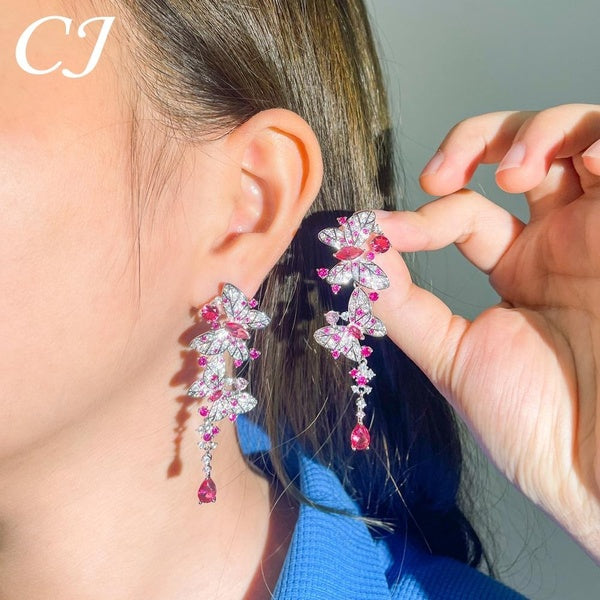 CANDICE Charming Super Long Butterfly Drop Dangle Earrings Paved White Rose Red AAA CZ Zirconia Crystal Platinum Plated Women Ear Jewelry for Evening