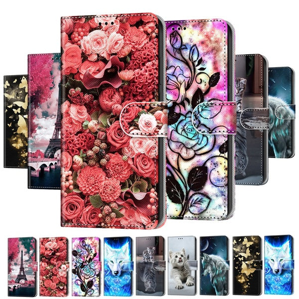 Étui portefeuille en cuir PU tendance avec fentes pour cartes et motif floral et animal pour Samsung Galaxy A10 A20 A30 A40 A50 A70 A01 A11 A21 A21s