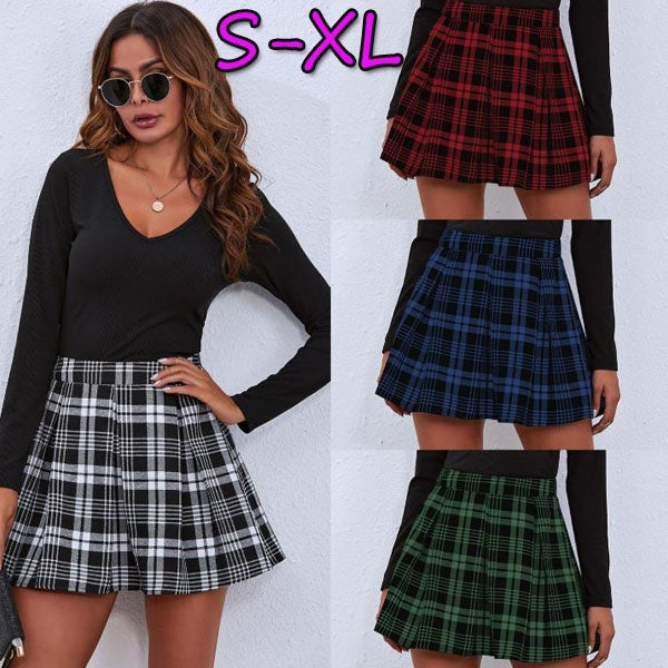 Women Skirt High Waist Chic Plaid Stitching Skirts Student Pleated Skirt Women Cute Sweet Dance Skirt