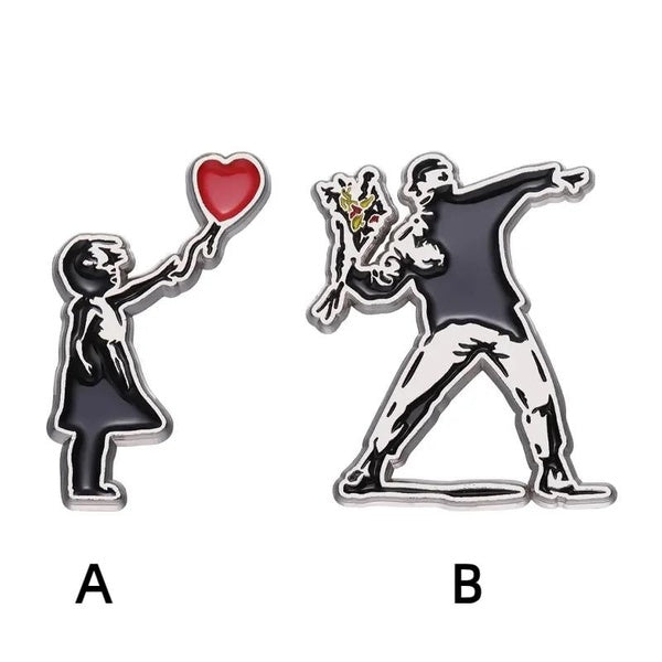 Banksy - broche en émail, lanceur de fleurs, broches de ballon d'amour, Badge de sac à dos à revers, bijoux d'amour et d'espoir, cadeau pour amis art