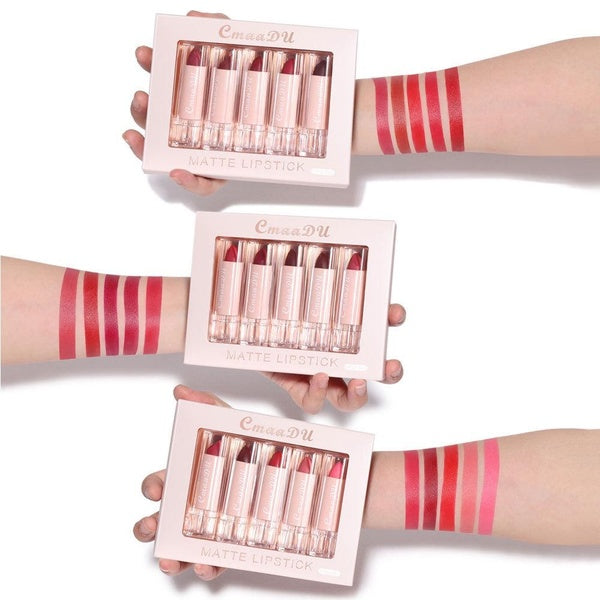 CmaaDu 5Color-Set Pro 24HR Weightless Colour Matte Nude Velvet Liquid Rich Matte Finish Lipstick Lipgloss Waterproof Lip Makeup