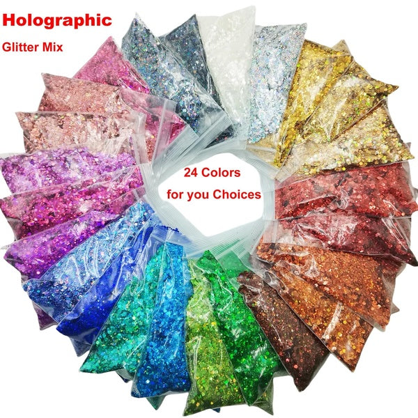 Holographic Laser 24 Colors Chunky Nail Glitter Mix Hexagon Sequins Flake Shape for DIY Nail Art Body Makeup Craft Festival Facepaint,Slime,Tumbler