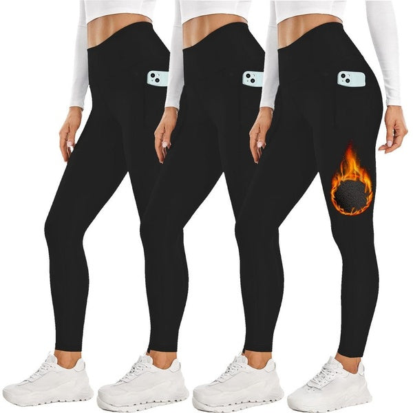 Lot de 3 leggings doublés en polaire pour femme avec poches, pantalons de yoga chauds d'hiver pour femme, leggings d'entraînement thermiques de cours