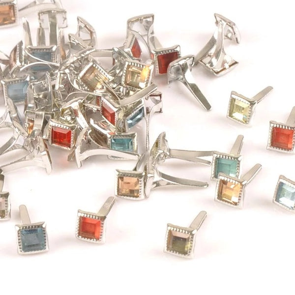 50 pièces mixtes carrés strass Brads vêtement Rivets attaches goujons album à faire soi-même artisanat en métal pour la décoration de chaussures 7mm-