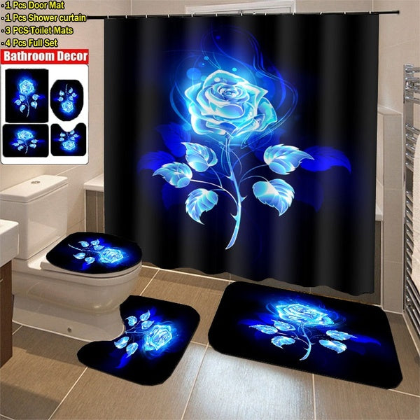 3D Shiny Blue Rose Flower Waterproof Shower Curtain Set Toilet Cover Mat Nonslip Carpet Bathroom Set Bathroom Decor with 12 Hooks