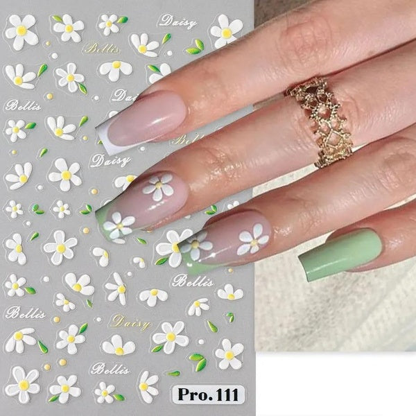 1Pcs 5D Acrylic Daisy Flower Nail Art Stickers Cute Floral Embossed Decal Adhesive White Small Flower Manicure Sliders