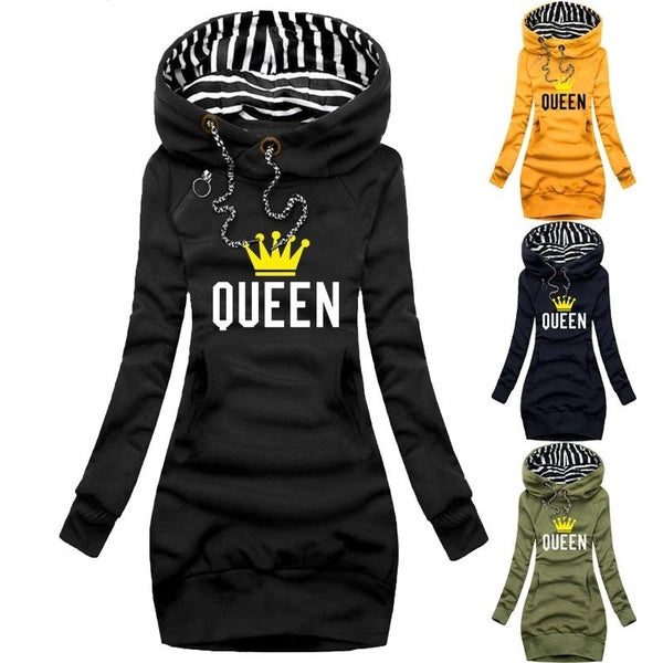 Women QUEEN Hoodie Dress Casual Solid Color Long Sleeve Drawstring Hoodie Dress With Pocket Slim Hooded Pullover Sweatshirt Dress