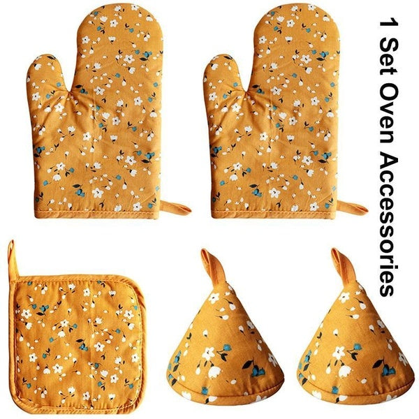 Heat Resistant Oven Mitts and Pot Cap Pot Holders Set Microwave Oven Gloves Non-Slip Anti-Scald Gloves Kitchen Tool