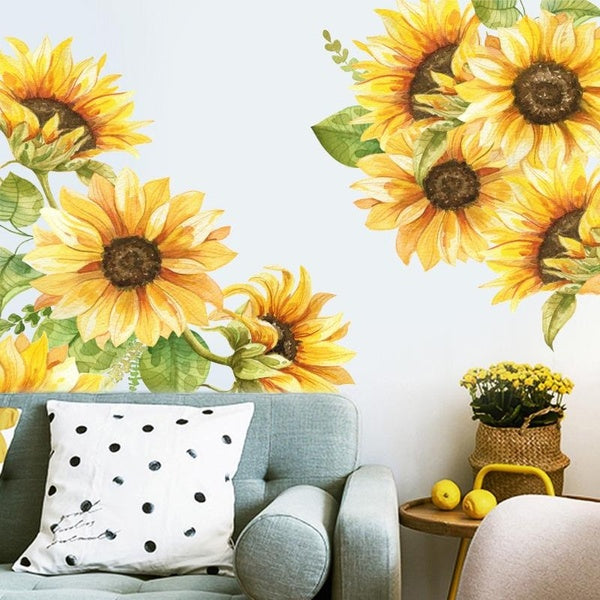 Summer Sunflower Wall Decals Removable Garden Flower Butterfly Wall Stickers Bedroom Living Room TV Wall Art Decor, Gifts for Kids - 2 Sizes
