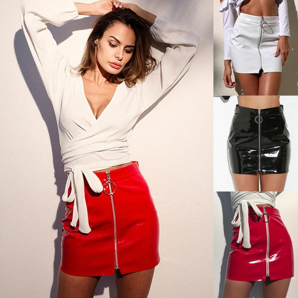 Solid Color Package Hip Mini Zipper Skirts Winter Fashion High Waist Leather Jupe
