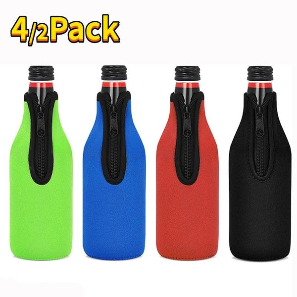 4-2Pack Beer Bottle Cooler Sleeves Keep Drink Cold Zip-up Extra Thick Neoprene Insulated Sleeve Cover with Bottle Opener for 12oz 330ml to 350ml Bott
