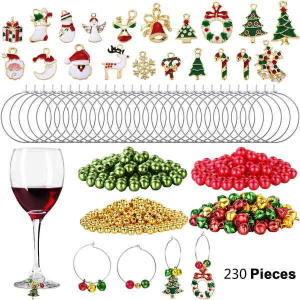 230 Pieces Christmas Wine Glass Charms Assorted Enamel Charm Pendant Wine Glass Charm Rings Christmas Bells Gold Beads Red Green Beads for Xmas Wine