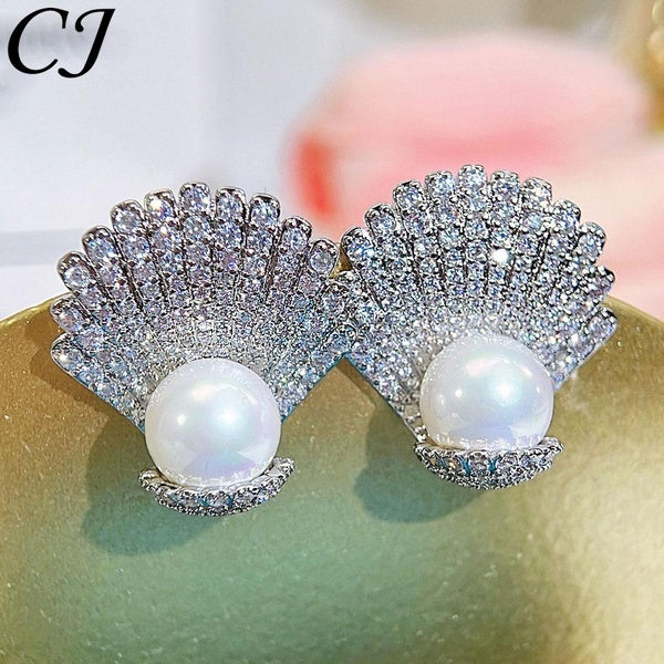 CANDICE Unique Shell Pearl Stud Earrings Full Inlaid Bling AAA White Cubic Zircon Stones Silver Plating Charming Women Party Jewelry for Prom Ear Acc