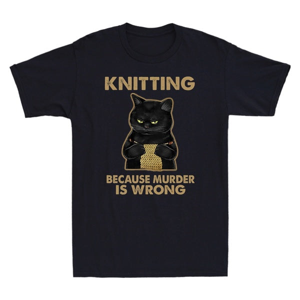 Black Cat Knitting Because Murder Is Wrong Funny Cats Kitten Lover Men's Vintage T-Shirt