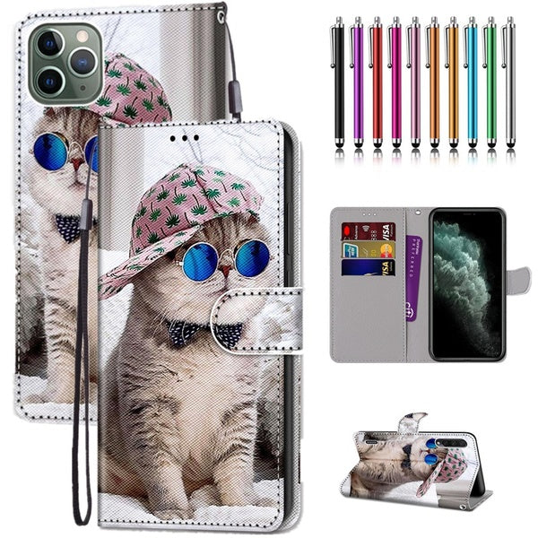 Oblique Hat Cat Pattern PU Leather Wallet Style Flip Cover With Card Holder Protection Mobile Phone Bag Case With Stylus Pen For iPhone 12 12Pro Sams