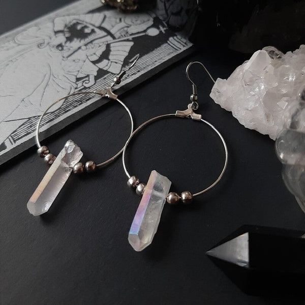 Quartz Hoops Minimal Boucles d'oreilles Boho Crystal Alternative Minimal Romantique Déclaration Bijoux Witchy Gift Goth Stones Femmes Cadeau Nouveau