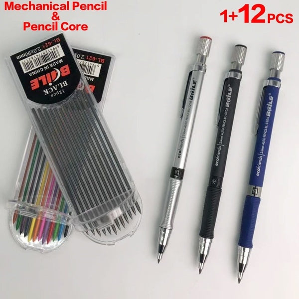 1+12Pcs-Set New Mechanical Pencil & Core 2.0mm 2B Drawing Writing Activity Pencil With12-color Refill Office School Stationery Gift