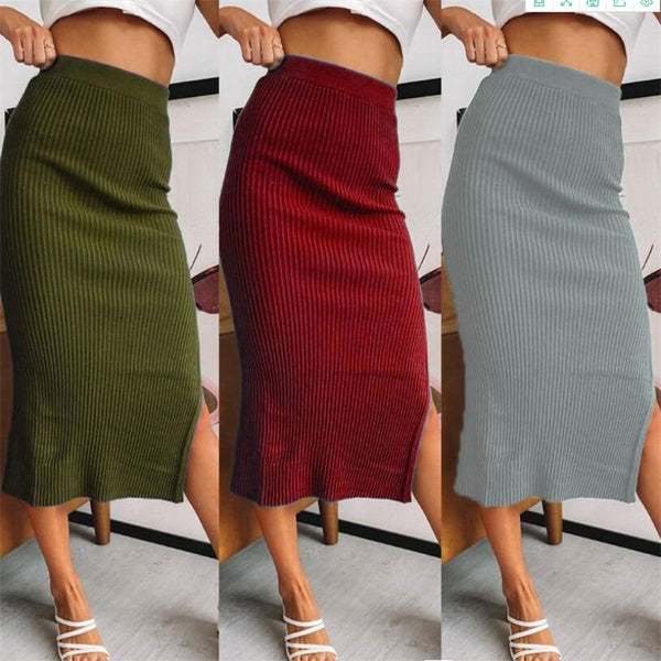 Solid Color Women Fashion Autumn Winter High Waist Skirt Hem Split Bodycon Package Hip Pencil Skirt Women Skirts Female