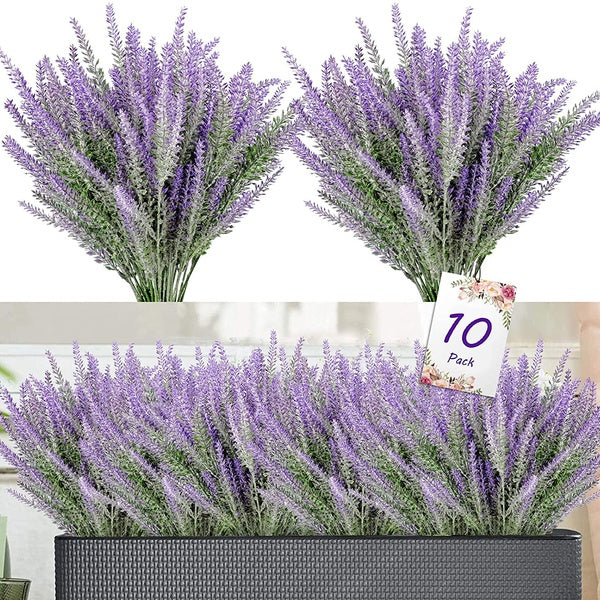10 Bundles Artificial Lavender Fake Flowers Plants Faux Plastic Plants, UV Resistant No Fade Fake Lavender Plants for Indoor Outdoor Decoration Weddi