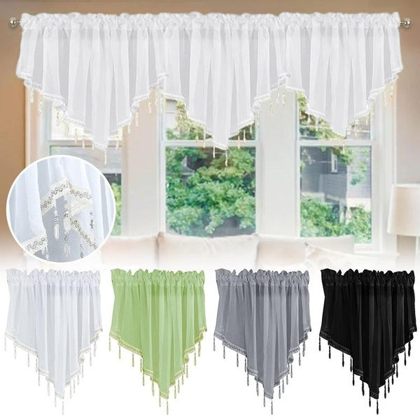 Solid Color Short Curtain Sheer Tulle Triangle Valance Beaded Trim Pendant Tassels Rod Pocket Short Window Valance for Cafe Bar Kitchen Home Decor
