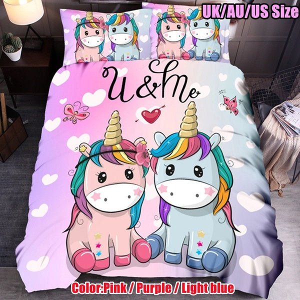 Unicorn Bedding Set 2-3Pcs Set Bedroom Decor New Bedding 3d Bedding Set Unicorn Bedding Comforter Set Pink-Purple-Light Blue Bedding Home (no Filler)