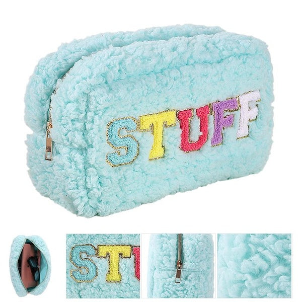 Chenille Letter Makeup Bag - Plush Cosmetic Preppy Pouch for Travel and Organization,Glitter Travel Bag with Zipper for Women Girls