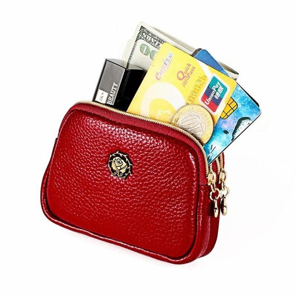 Porte-Monnaie en Cuir - Double Fermeture Éclair Fleur Change Pouch Portefeuille Porte-Cartes Coin Sac Mini Simple Mignon Coin Poche Utile pour Dames