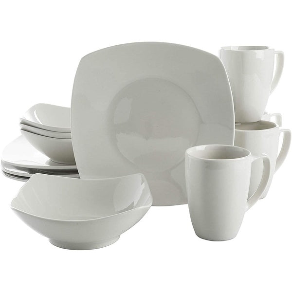 Gibson Zen Buffetware 12 Piece Square Dinnerware Plate, Bowl, and Mug Set, White