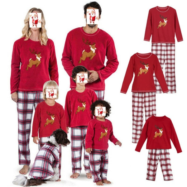 Christmas Pajamas Set Family Matching Outfits Adult Kids Deer Print Tops+Plaid Pants Sleepwear Nightwear Xmas Set