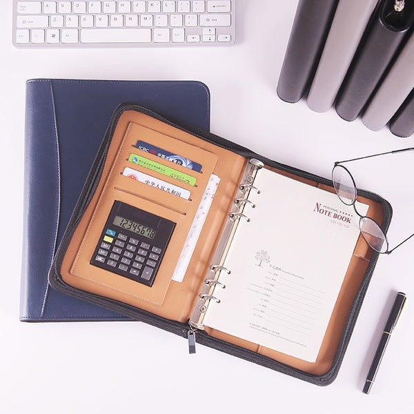 A6-A5-B5 Multifunctional Zipper Business Organizer Notebook Work Diary Book Business Meeting Record Book with Calculator