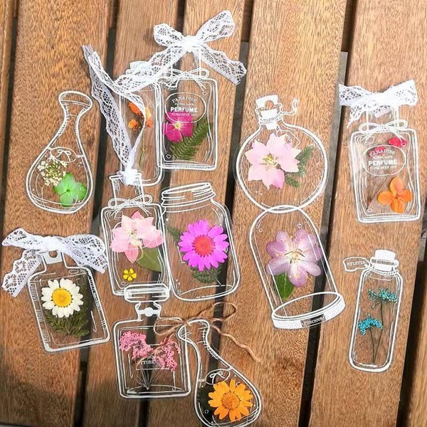 20-40pcs Transparent Glazed Ware Bottle Shape-Flowers Stickers Decorative Decals Paper Scrapbooking Embellishment Supplies Bookmark DIY Art Craft