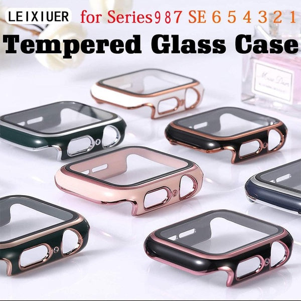 LEIXIUER Tempered Glass film with PC Cover Case for Apple Watch 9 8 7 SE 6 5 41 mm 45 mm 44mm 40mm 42mm 38mm Screen Protector Sport Accessories case