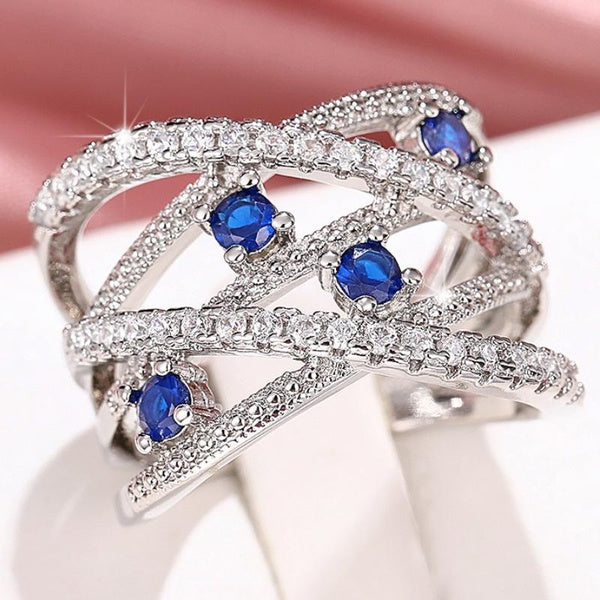 Multilayer Design Micro Pave Cubic Zirconia Blue Sapphire Intertwined Ring for Women Romantic Engagement Proposal Ring Jewelry