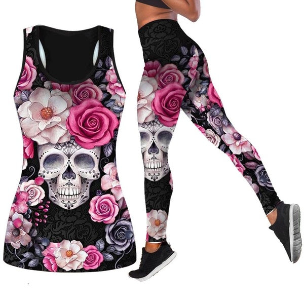 Fashion Women's Fashion Skull and Flowers 3D Print Tank Tops Gothic Skull High Waist Leggings for Ladies Yoga Suit