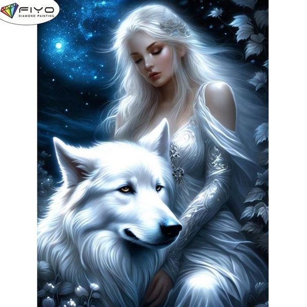 FIYO DIY 5D Beauty and Wolf Diamond Painting Full Drill with Number Kits Home and Kitchen Fashion Mosaic Diamond Painting Canvas Wall Decoration Gift