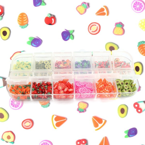 12 Grid Mixed Fruit Polymer Soft Clay Flakes for Nail Art UV Epoxy Resin Silicone Mold Flakes Slime Filler Making Craft DIY