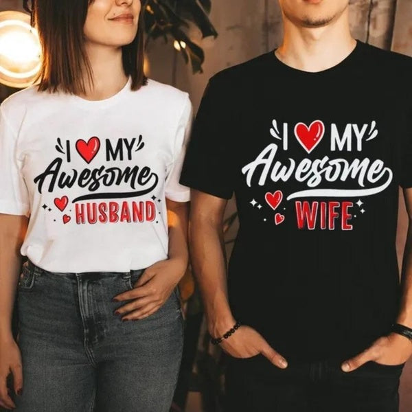 I Love My Awesome Wife - Husband T Shirts Love T Shirts for Couple Valentine's Day T Shirts Cotton T-shirts Casual Graphic Tee Shirts