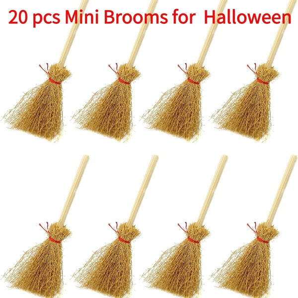 20PCS Miniature Artificial Mini Straw Brooms with Red Ropes Halloween Straw Craft Decoration Witches Accessory for Costume Cosplay Party