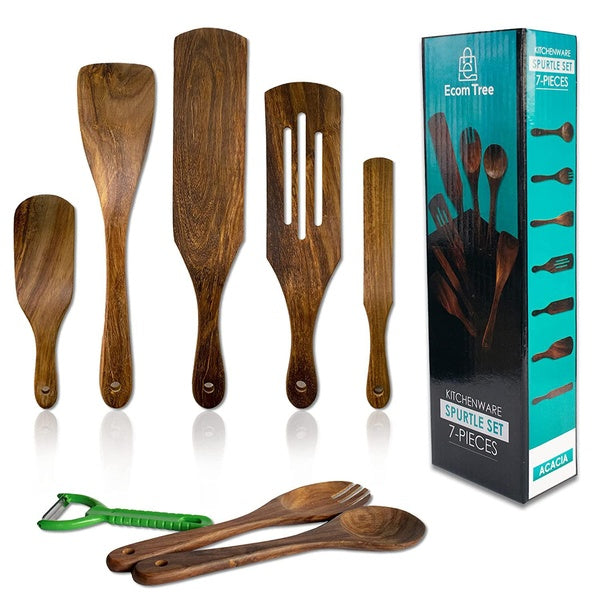 Wooden Spurtle Set [7 Pack], Gift 1 Vegetable Peeler, Acacia Wood Cooking Utensils Spoon Set, Heat Resistant Spatula, Non-Stick Spurtles Kitchen Tool