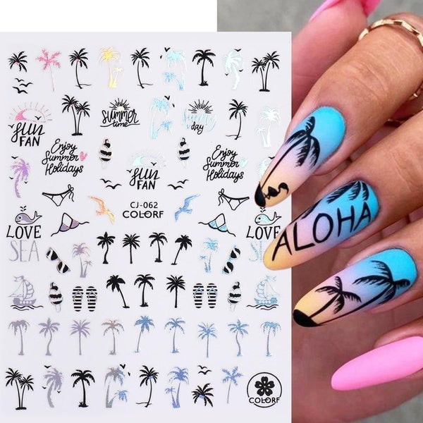 Coconut Tree Nail Sticker Holographic Palm Leaf Fruits Summer Sliders For Nails Mermaid Beach Sea Animal Decal Manicure