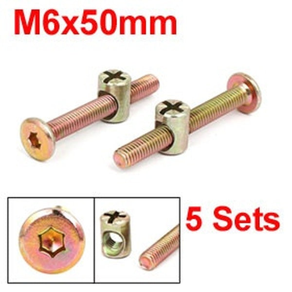 M6x50mm Hex Socket Drive Head Furniture Connecting Bolts w Barrel Nuts 5 Sets