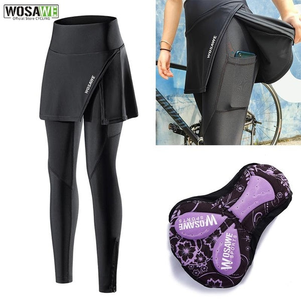 WOSAWE Women Cycling Long Pants with Skirts Black Bike Tights Ride Sport Race Fit Pants Padded Bicycle Trousers Leggings