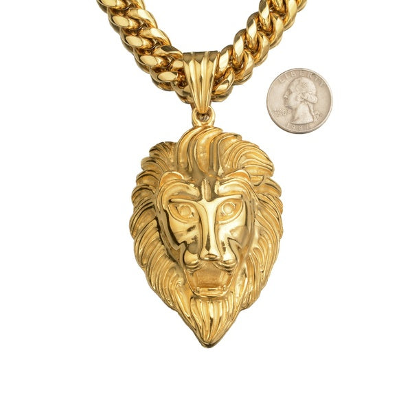 Gold Plated Heavy Mens Big Lion Pendant 100% Stainless Steel Necklace Pendant Curb Cuban Miami Chain