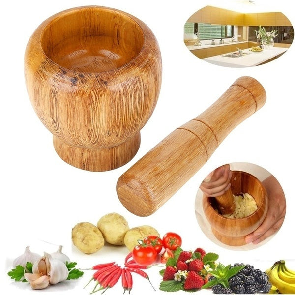 Wooden Garlic Ginger Grinder Mortar Pestle Grinding Bowl Mixing Tools Home Masher Mincer