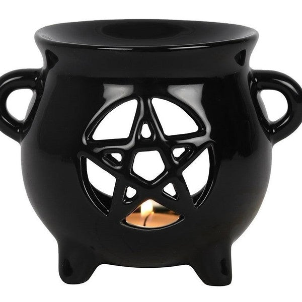Wicca Witchcraft Pentagram Black Cauldron Essential Oil Warmer Candle Holder